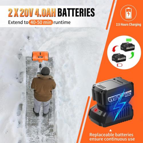 Snow Shovel Cordless, 20V | 12 Inch Electric Snow Blower with 2 X 4.0Ah Replaceable Batteries & Fast Charger Up to 50 Mins, Electric Shovel with Directional Plate & Adjustable Front Handle