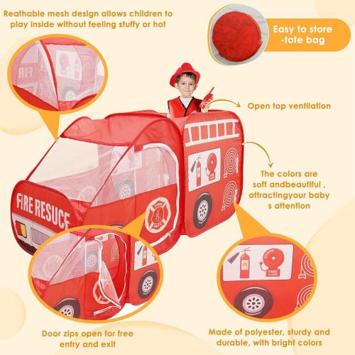 Pop Up Play Tent Large, Play Tent for KDS, Role Play Firefighter Tent, Fire Truck Play Tent for Kids, Truck Tent Playhouse Toy Play Tents for Toddlers 3-5 Kids Tent Indoor Outdoor Playhouse Toys