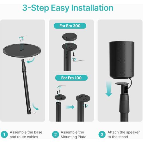 Adjustable Height Speaker Stands Compatible with SONOS Era 300 and Era 100, Height Adjustable up to 42.6'', Floor Stands with Cable Management, Speaker Mount, Black, 2 Pack (Pair)