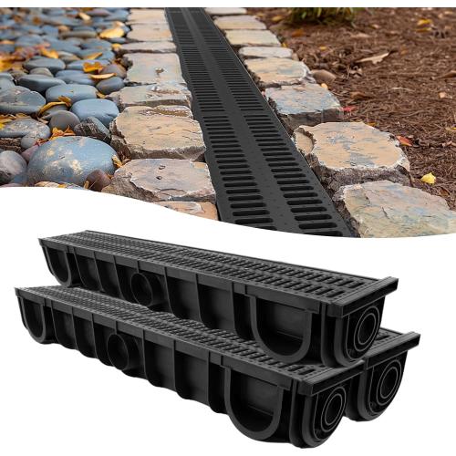 Benfar Trench Drain 39.4x6.1x5.5in 3Pack HDPE Channel Drain with Grates Trench Drainage System Total Length 10FT Driveway Drainage for Yard Concrete Garage Floor Sidewalk Garden Patio M062