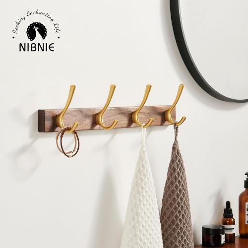 16 Inch Small Walnut Wood Coat Rack Wall Mount with 4 Hooks, Adhesive & Drilling Mounted, Heavy Duty Wooden Wall Coat Hanger Hanging Towel Clothes Hat Bag Purse Key Jacket Backpack Holder Gold