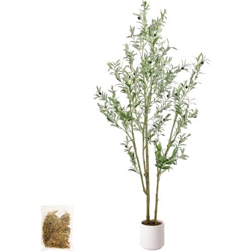 Artificial Fake Olive Tree 6FT Tall 1Pack with White Planter Faux Silk Olive Tree for Home Living Room Office Decor Faux Artificial Plants Indoor with Fruit & Free Moss