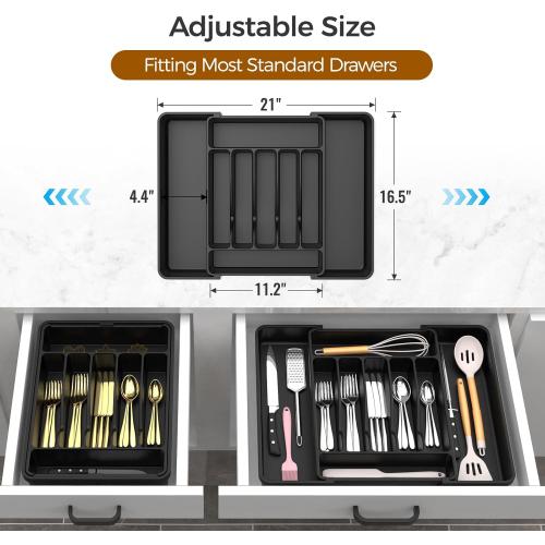 Extra Large Expandable Silverware Organizer, BPA-Free Food-Safe Cutlery Flatware Organizer, Kitchen Utensil Drawer Organizer, Adjustable Silverware Holder for Spoons Forks Knives, Black