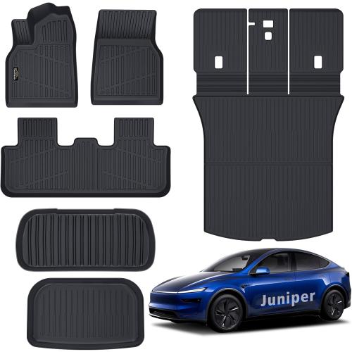 BLACK Floor Mats Custom for Tesla New Model Y Juniper 2025 2026 5-Seat Cargo Liner with Backrest Mat All Weather TPE Full Set with Front Trunk Mat Rear Cargo Liner for Juniper Automotive Accessories, Black