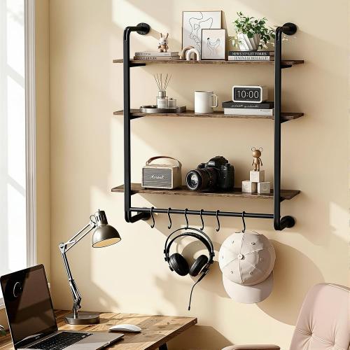 3 Tier Industrial Pipe Floating Shelf, 24 Kitchen Wall Shelves with Towel Bar & 6 Hooks, Coffee Bar Shelves Display Bookshelf Wall Shelf for Kitchen, Bathroom, Home Décor, Rustic Brown