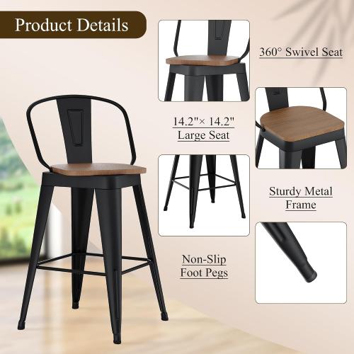Aklaus Swivel Metal Bar Stools 26 inch Swivel Counter Height Barstools Set of 2 Modern Farmhouse Bar Chairs with High Backs and Large Wooden Seat for Kitchen Island Dining Room Matte Black