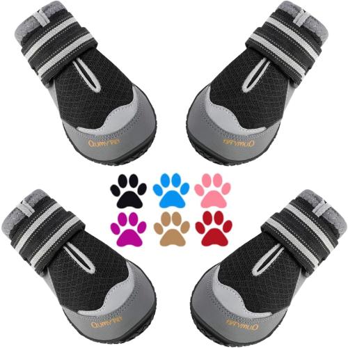 QUMY 4PCS Dog Boots for Large Dogs, Medium Dog Shoes & Paw Protectors for Hot Pavement, Summer Heat Protection, Mesh Breathable Nonslip Dog Booties for Hardfloors, Walking Running Hiking Black Size 4