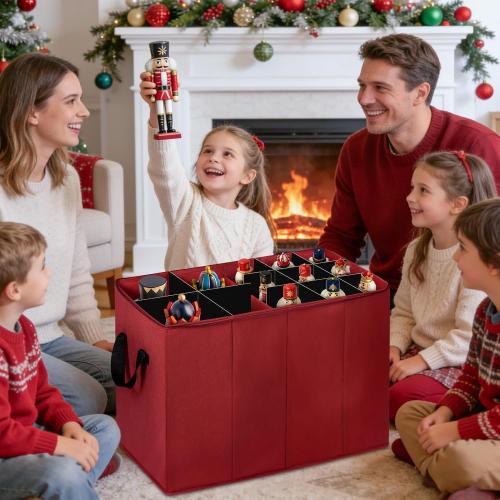 17 Tall Nutcracker and Figurine Collectibles Storage Box with Adjustable Dividers, Large Christmas Holiday Ornament Storage Organizer for Storing Carolers, Santa Figure (Nut cracker not Included)