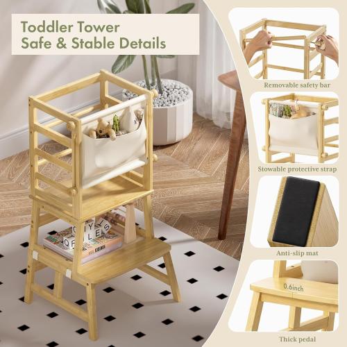 Amazer Bamboo Toddler Step Stool, Anti-Tip Toddler Kitchen Stool Helper with Push-Pull Safety Rail, Non-Slip Kids Step Stool with Safety Net, Kids Standing Tower for Bathroom Sink and Kitchen Counter