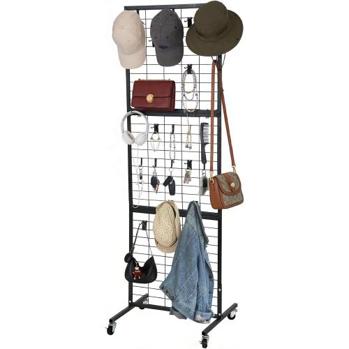 Foldable 3-Tier Wire Grid Wall Display Rack, Tool-Free Assembly Gridwall With Removable Hooks, Mobile Grid Panel For Home Storage, Retail Display & Vendor Events, Black Wire Grid Wall Panel Display