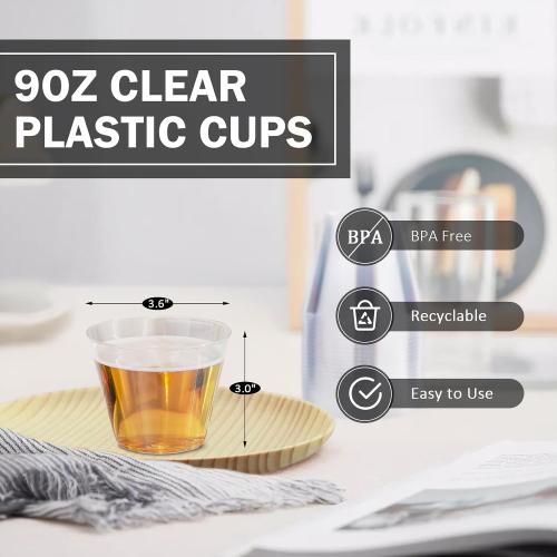 9 oz Clear Plastic Cups, 100 Pack Disposable Fancy Cup for Wedding, Cocktail Cups 9 Ounce, Bulk Clear Plastic Tumblers for Iced Coffee, Cold Beverage