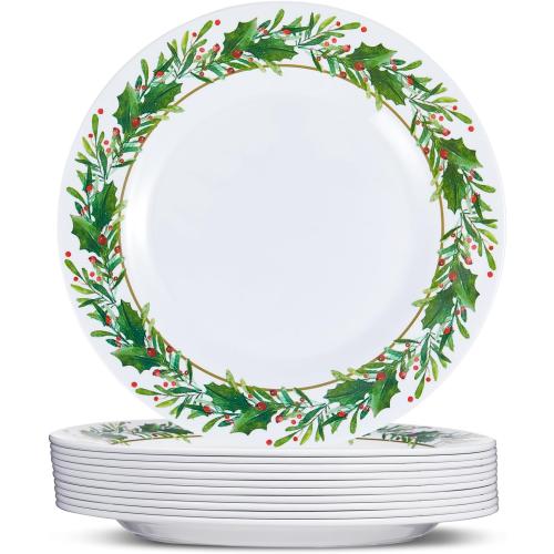 Layhit 10 Pcs Christmas Holly Melamine Dinner Plates - Holly Plates Holiday Dinnerware Party Dishes for Home Kitchen Picnic Party Event Supplies(8 Inch)