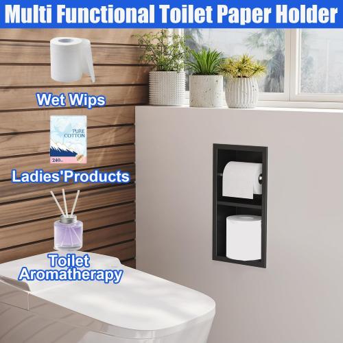 Recessed Toilet Paper Holder, 304 Stainless Steel Tissue Paper Holder, in Wall Tissue Toilet Roll Holder with Storage for Toilet, Bathroom, Kitchen & Hotel, 13.4″x7″x 6″, Matte Black