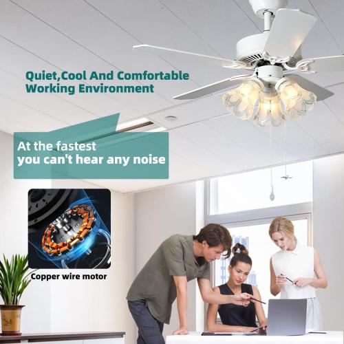 42 Inch Indoor Ceiling Fan with Pull-chain and Three LED Light Bulbs Base, Traditional 3-Speeds Reversible Blades Ceiling Fan (White)