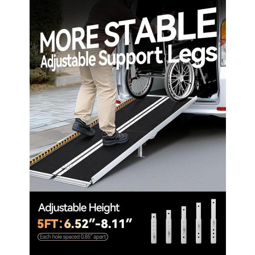 FACHNUO 5 Feet Portable Wheelchair Ramp, Non-Skid Aluminum Handicap Ramps with Handle, Folding Threshold Wheel Chair Ramp for Home Steps, Stairs, Entry, Threshold, Doorways, Scooter, 800LBS Capacity