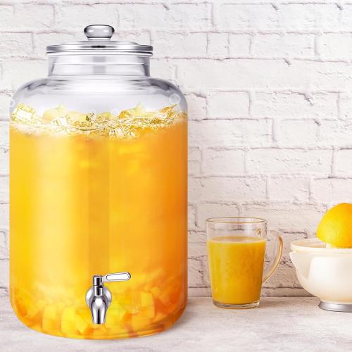 Glass Water Dispenser Countertop with Glass Lid and Stainless Steel Spigot Beverage Drink Dispenser Airtight Leakproof Large Jug for Summer Outdoor Party Juice Kombucha