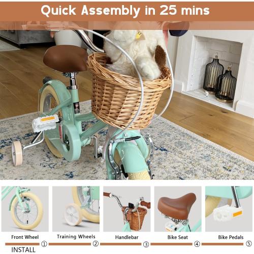 Glerc Little Molly 12-20 Inch Kids Retro Cruiser Bike for 2-13 Year Old with Wicker Basket & Training Wheels/Kickstand, Multiple Colors