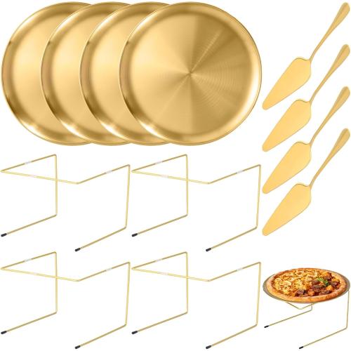 12 Pcs Pizza Pan Riser Stands Sets Includes 4 Metal Pizza Table Stands 4 Pizza Pan and 4 Wood Handle Pie Server, Pizza Rack Stand Pizza Tray for Pizza Dessert Cheese (Gold) ❗MAY HAVE MISSING PIECES❗