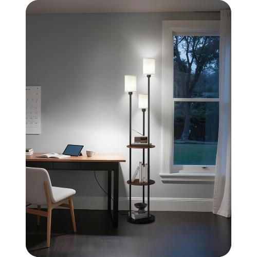 70.9 Floor Lamp with Shelves, Modern Floor Lamp with 3 Linen Shades and Foot Switch, 3-Light Standing Lamp, for Living Room, Bedroom, Study, Office, Rustic Brown and Beige EF53LD05‼️missing pieces‼️