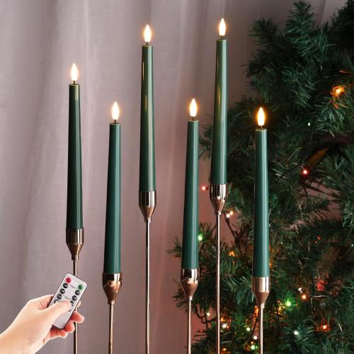 Eywamage Dark Green Flameless Taper Candles with Remote, Flickering Battery Operated LED Wax Candlesticks Set of 6