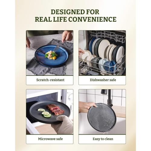 famiware Star Dinner Plates for 6, 10 inches Plate Set, Scratch Resistant, Stoneware Dinnerware, Kitchen Modern Rustic Serving Dishes, Matte Dark Charcoal (Full Glaze)