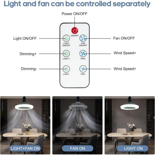 DGO Socket Fan Light with Remote, Enclosed Screw in Bladeless Mini Ceiling Fan 8.86 in Dimmable for Kitchen Bedroom Washroom Laundry Room Small Spaces Circulating Air (White)