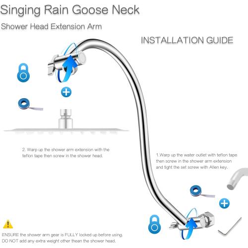 Size 15 inch Goose Neck Curved Extra Long Adjustable Shower Head Extension Arm With Locking Set Screw, Singing Rain Brass Angle Height Adjustable, G1/2 Universal Connector Compatible (Chrome Finish)