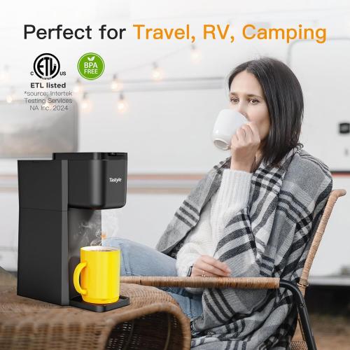 Mini Hot and Iced Coffee Maker Single Serve, for K Cup and Ground, 6 to 14 Oz Brew Sizes, with Recipe Book, for Home, Travel, RV, Office and Dorm, Classic Black (2.0 Version)