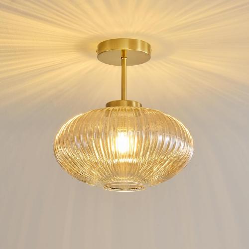 Amber Ribbed Glass Ceiling Light: 11.8 Vintage Semi Flush Mount Ceiling Lights - Mid Century Modern Brass Light Fixture - Minimalist Drum Decorative Lighting Fixtures for Bedroom Living Room Entryway