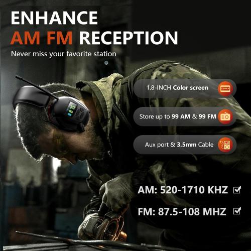 Bluetooth 6.0 AM/FM Hearing Protection, Radio Headphones with Digital Display, 30 SNR Noise Reduction Safety Earmuffs with Rechargeable 2000 mAh Large Battery, Ear Protector for Mowing Lawn Work