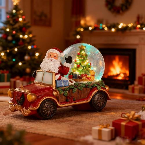 Christmas Red Pickup Train Snow Water Lantern Santa Claus with Christmas Tree, Battery Operated Lighted Spinning Lantern for Christmas Festival Decoration Gifts