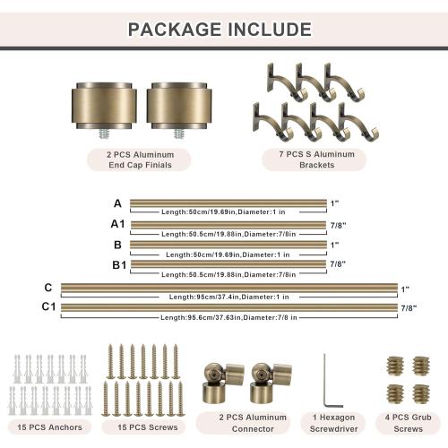 Antique Bronze Bay Window Curtain Rods with Aluminum End Cap Finials and Brackets,Adjustable 36-72 Inch Center Rod for windows (24-68’’), 20-36 Inch Side Rods for windows (16-32’’)