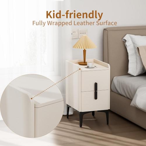 VICITON Narrow Nightstand with 2 Drawers, Narrow Side Table Leather Surface, Slim Bedside Table for Bedrooms, Dormitories, Living Rooms (Cream White, 15.7 D x 11.8 W x 22.4 H)