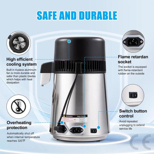 DC House Distilled Water Machine 1 Gallon, Stainless Steel Water Distiller for Home Countertop 110V 750W Purifier for Humidifier Office CPAP with Smart Switch, Glass Pot