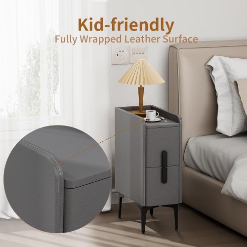 Size 15.7 D x 7.8 W x 22.4 H Color light grey VICITON Narrow Nightstand with 2 Drawers, Narrow Side Table Leather Surface, Slim Bedside Table for Bedrooms, Dormitories, Living Rooms (Light Gray, 15.7 D x 7.8 W x 22.4 H)