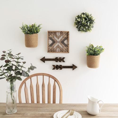 Dahey 2 Pack Wall Hanging Rope Basket (6.5W×7H) with Artificial Eucalyptus, Jute Woven Storage Organizer Flower Plants Basket Farmhouse Rustic Wall Decor for Porch Living Room Bedroom Entryway,Brown