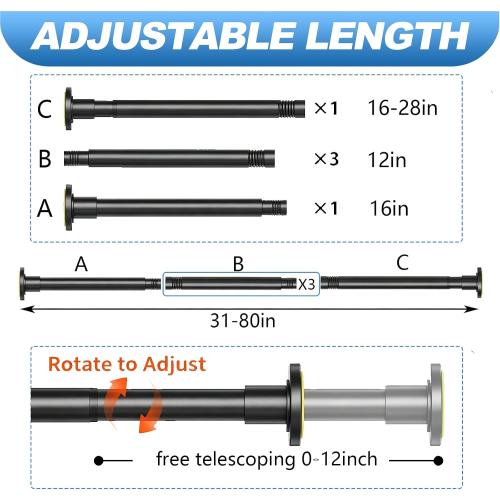 CorkLatta 1 Heavy Duty Black Shower Curtain Rod 31 to 80 Inch,Adjustable