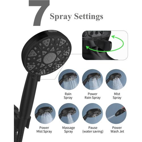 High Pressure Shower head with Handheld 7 Modes, Built-in Power Wash to Clear Tub. Tile & Pets, 5” High Flow Hand Held Hydro Rain Showerhead with Stainless Steel Hose and Adjustable Bracket-Matt Black
