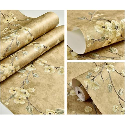 GIBZ 3D Vintage Floral Wallpapers Peel and Stick Colorful Rustic Wall Papers Decorations Wallpaper Contact Paper Yellow