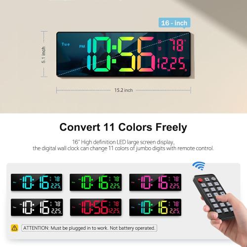 Digital Wall Clock Large Display 16, Digital Clock with 11 RGB Colors Changing Remote Control, LED Clocks with Night Lights for Living Room Bedroom Office Classroom Decor, Auto DST (Multicolor)