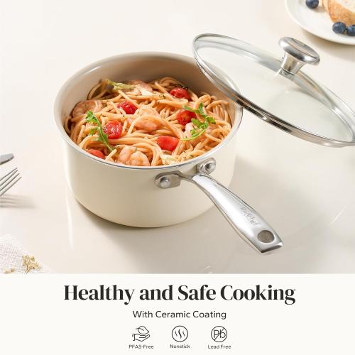 Redchef Ceramic Sauce Pan with Lid, 3.5QT Small Saucepan, Nonstick Cooking Pot with Stay-Cool Handle, Kitchen Non Toxic Soup Pot, PTFE & PFOA Free, Oven Dishwasher Safe, Compatible All Stovetops-Beige