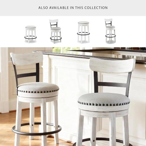 Signature Design by Ashley Valebeck | Modern Swivel 24.5 Counter Height Barstool – Rustic-Industrial Whitewash, Upholstered Cushion, 360° Swivel, Nailhead Trim