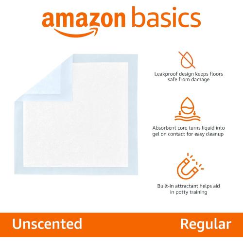 Amazon Basics Dog and Puppy Pee Pads, 5-Layer Leak-Proof Super Absorbent, Quick-Dry Surface, Potty Training, Regular (22x22), 100 Count, Blue & White