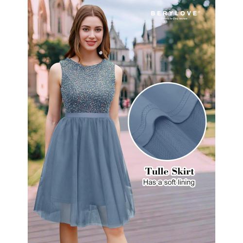 Size S BeryLove Sequin Dress Vintage A Line Wedding Formal Swing Tulle Dress Sleeveless Cocktail Mini Dress