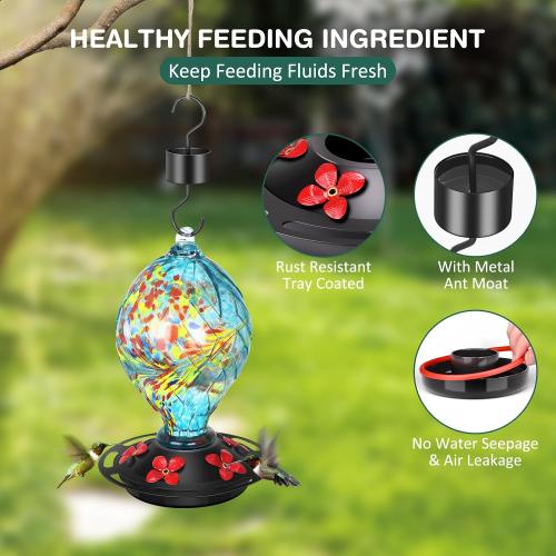 Hummingbird Feeders for Outdoors Hanging Ant and Bee Proof, Hand Blown Glass Hummingbird Feeder with 5 Perches, 30 Fuild Oz Capacity, Garden Backyard Decor, Blue