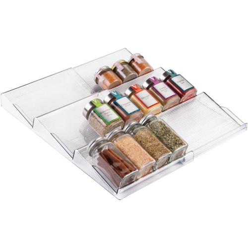 mDesign Expandable Plastic Deluxe Spice Rack, Drawer Organizer for Kitchen Cabinet Drawers, 3 Tier Slanted for Spice Jars, Food Seasoning Bottle Storage, Ligne Collection - Clear