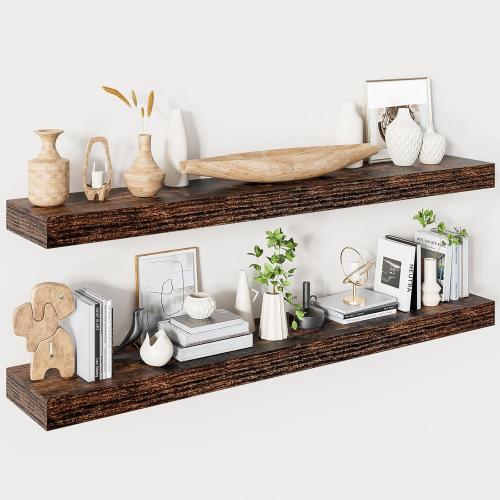 Floating Shelves for Wall 48 Inches Long,9.3 Deep Rustic Brown Floating Shelf Set of 2,Wall Mounted Wood Shelves for Bathroom Bedroom Living Room Kitchen Office,Shelf for Books Storage Room Decor