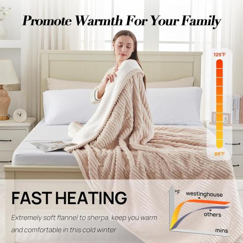 Westinghouse Electric Blanket Twin, Soft Ribbed Flannel to Sherpa Heated Blanket with 10 Heating Levels & 1-12 Hours Auto Shut Off, Fast Heating & Machine Washable, 62x84 Inch, Beige