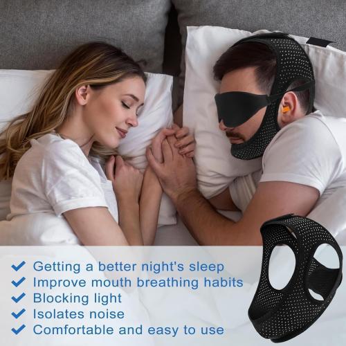 Chin Strap for Sleeping, Anti Snoring Devices Comfortable Effective Stop Snoring Solution, Snore Stopper Breathable, Anti Snore Chin Strap Adjustable Velcro, with Eye Mask, Black