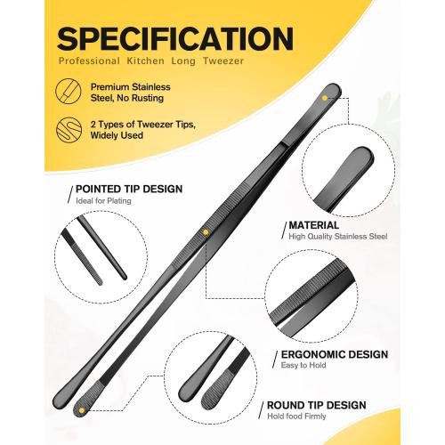 4 Pcs Fine Long Tweezer Tongs Professional Black, 12'' and 10'' Stainless Steel for Kitchen, Food, Cooking, Repairing, Sea food and BBQ